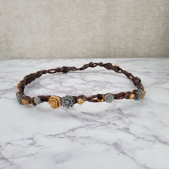 Brown Floral Headband Crown with Blue Flowers Hippie Boho Festival - Picture 1 of 10
